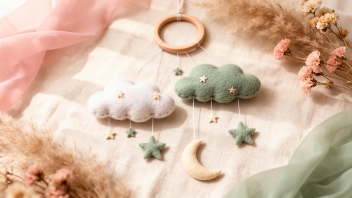 Handmade pastel baby mobile with felt clouds and stars