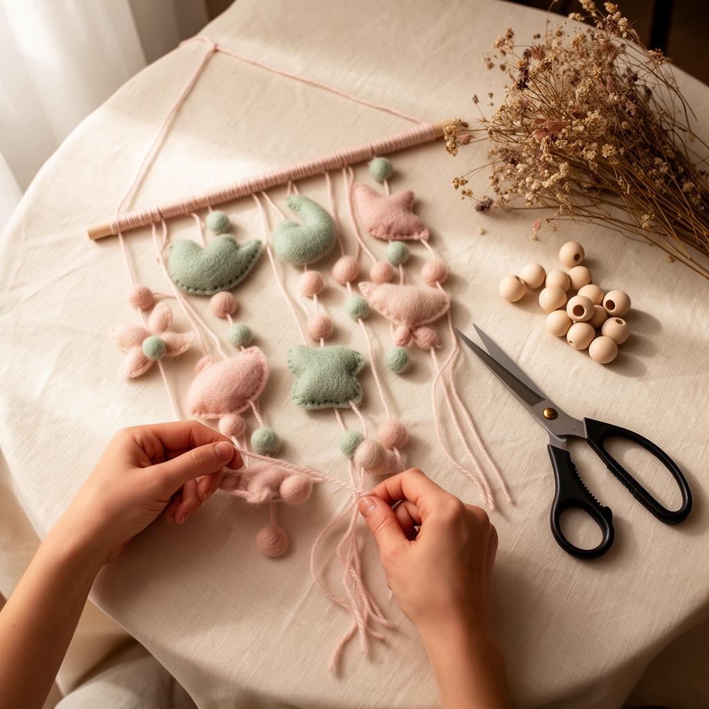 Hands crafting a handmade baby mobile